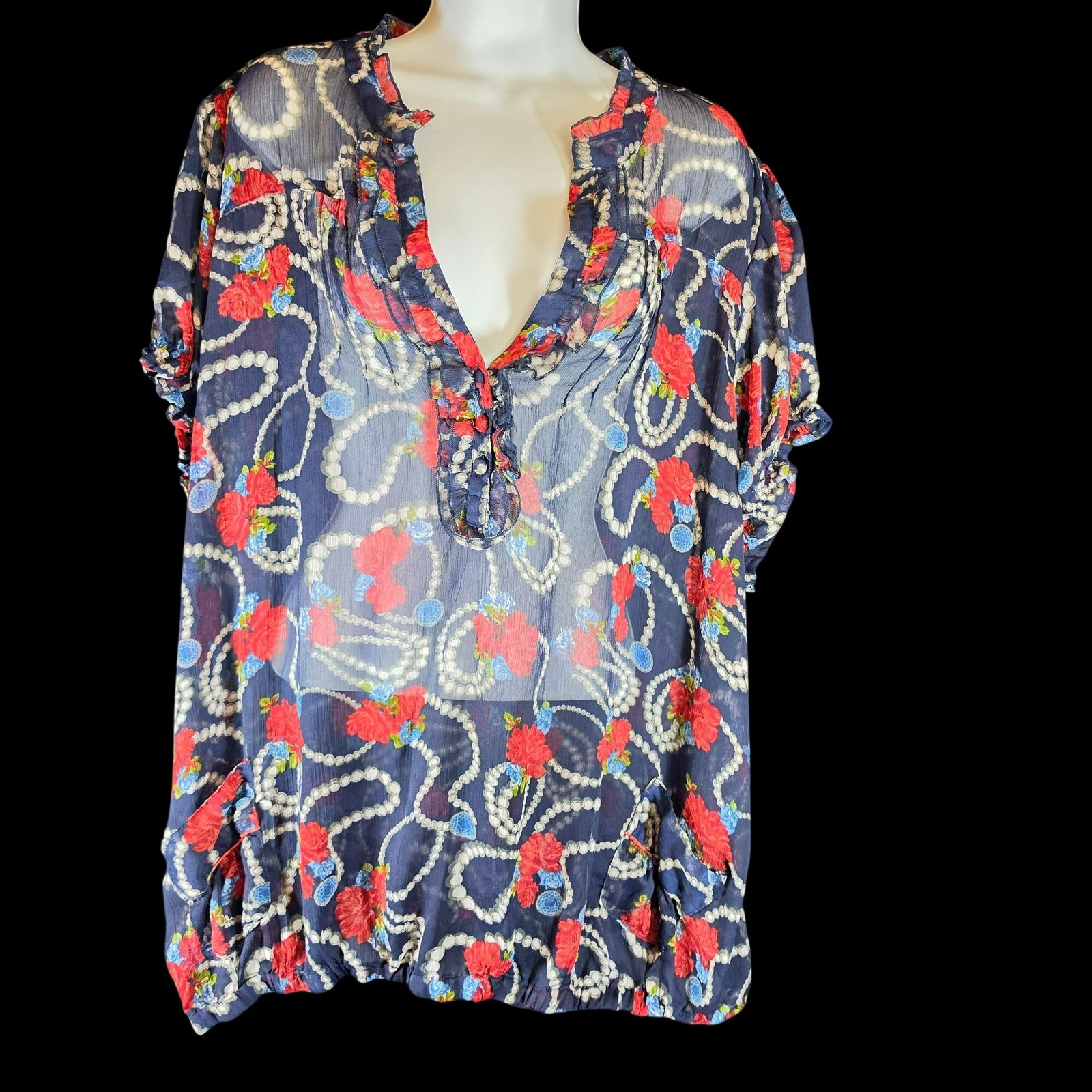 Torrid Sheer Floral Pearl Necklace Print Blouse Ruffle Trim Elastic Hem Size 2X