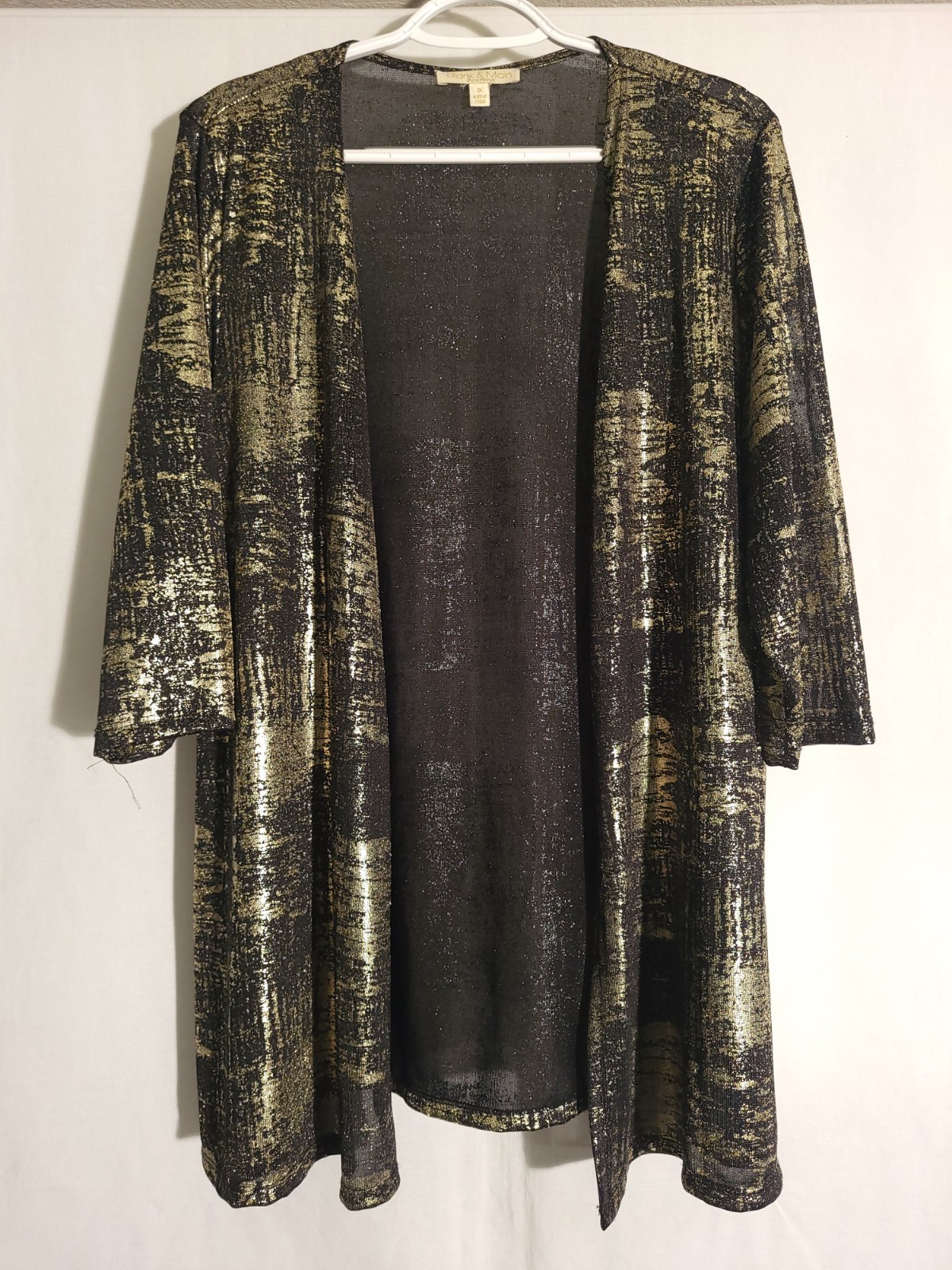 Park Main-Black Gold 3/4 Sleeve Long Open Front Light Cardigan Top-1X