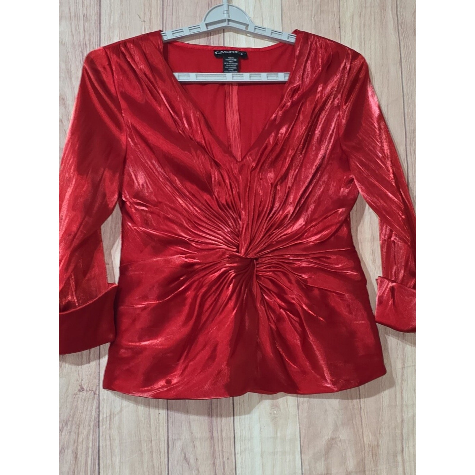 Cache Blouse Shiny Red Knot-Front Zip UP Vintage V-Neck Size 14