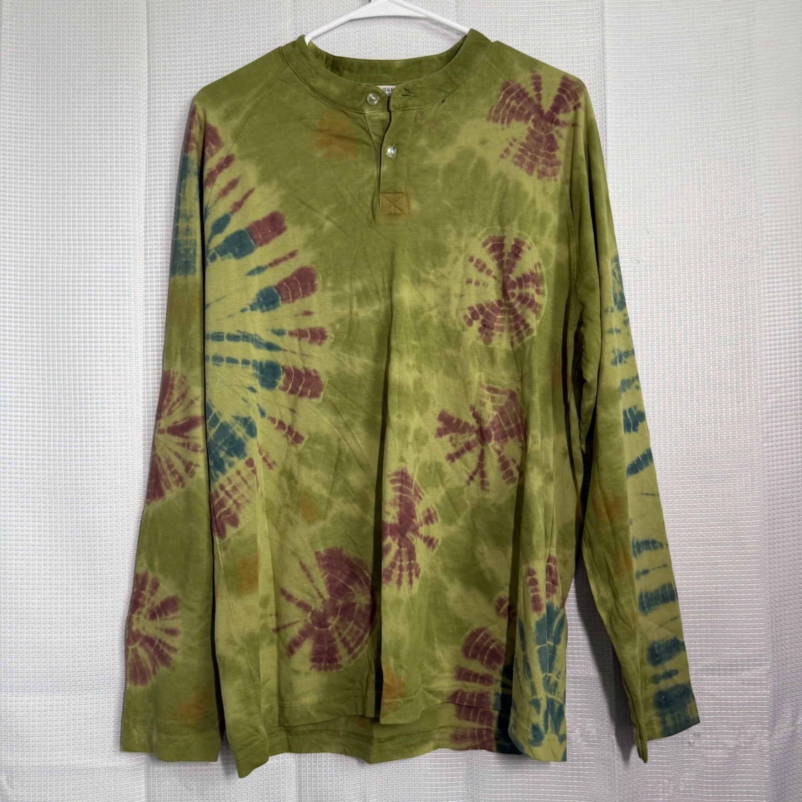 Earthbound Trading Co Henley Shirt Cotton Tie Dye Long Sleeve Boho Hippie L