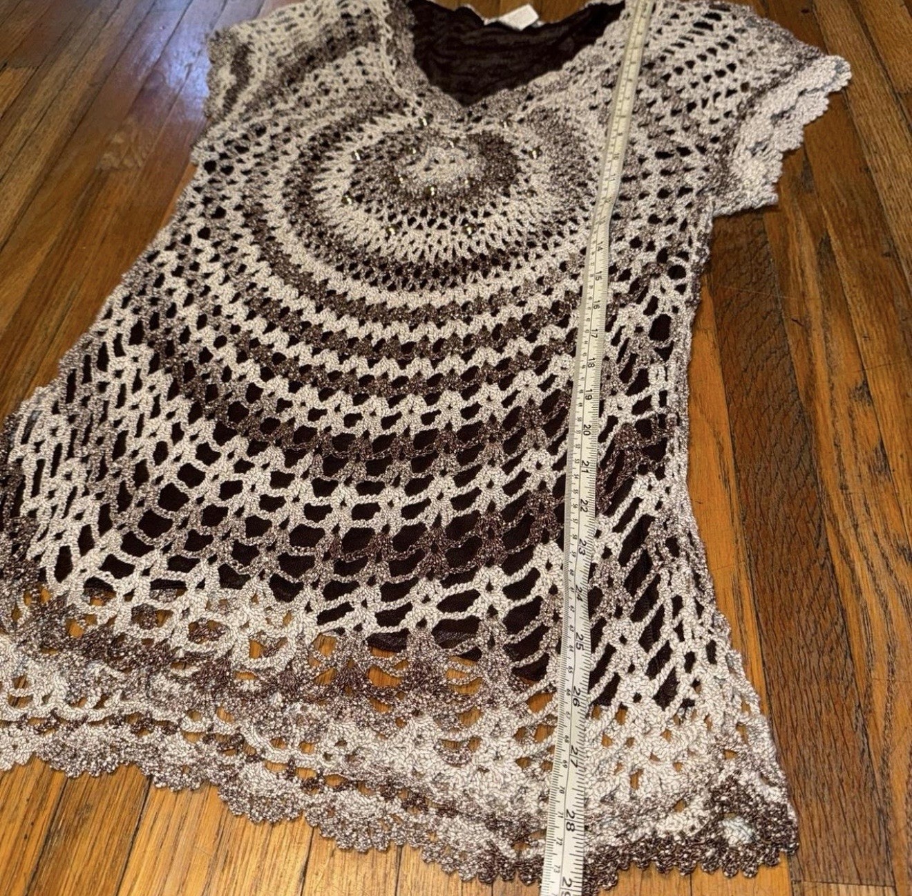 Vtg Y2K Alberto Makali Crochet Knit Mesh Layered Top Brown Metallic Medallion M