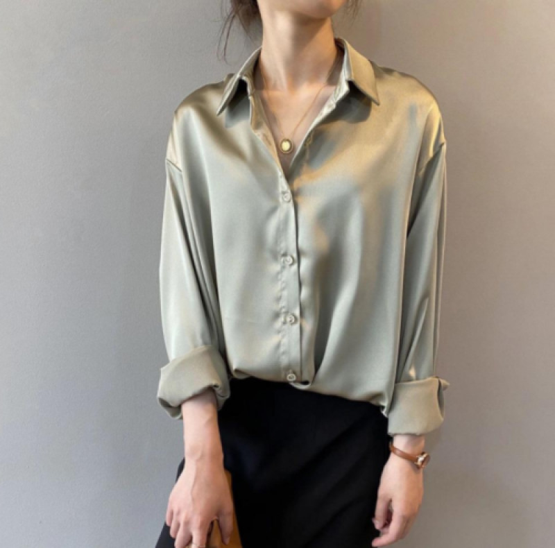Women Autumn Fashion Button Up Satin Silk Shirt Vintage Blouse White Long Sleeve