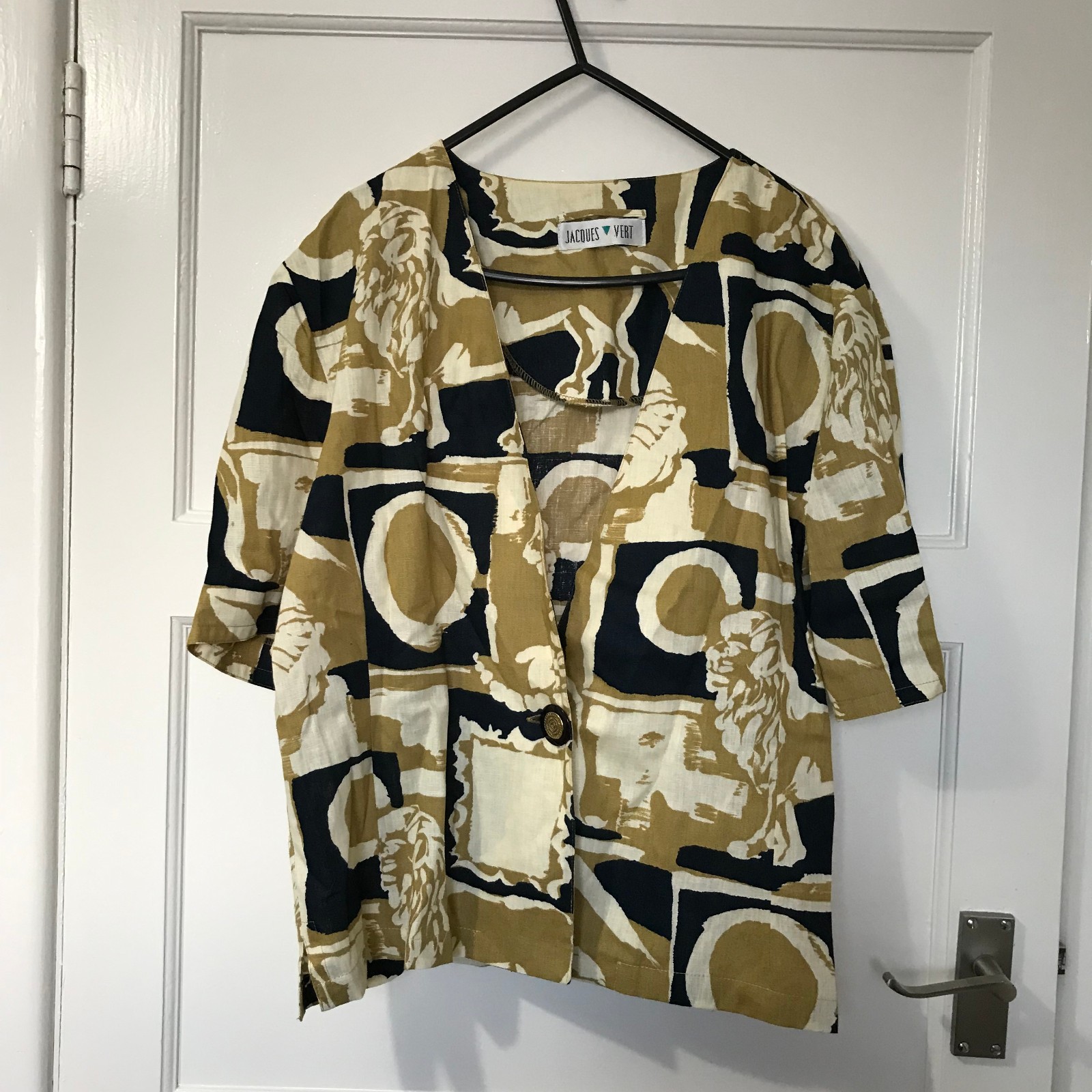 Vintage Jacques Vert Lion Print Linen Yellow Blue Blouse Size 14 Oversized