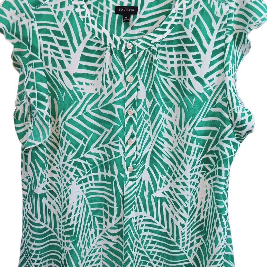 TALBOTS Blouse Top Size 14 Green White Career Office Travel Light Classic Chic