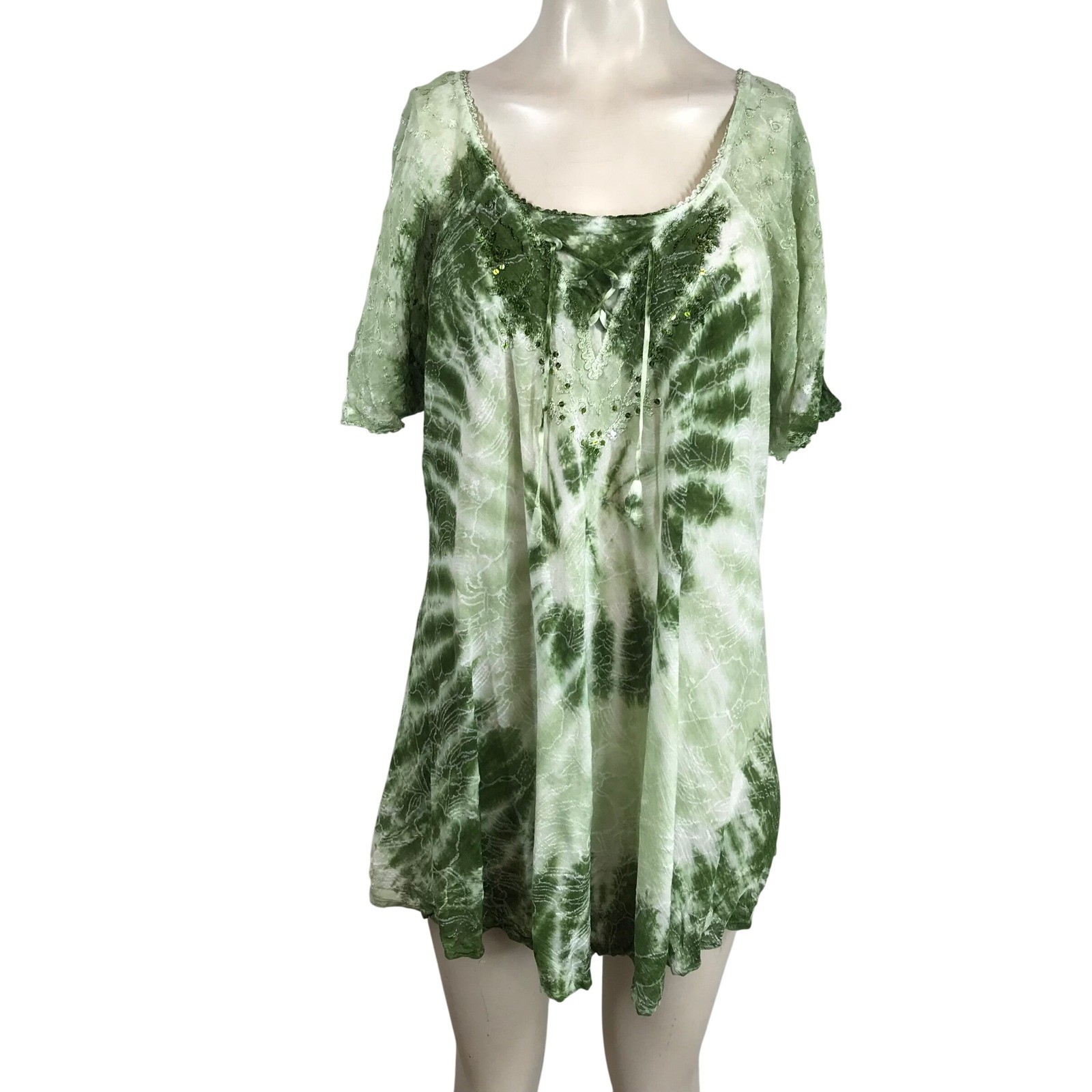 Sakkas Green Tie Dye Boho Tunic Top Plus Size Lace Embroidery Sequin TS-2209 NEW