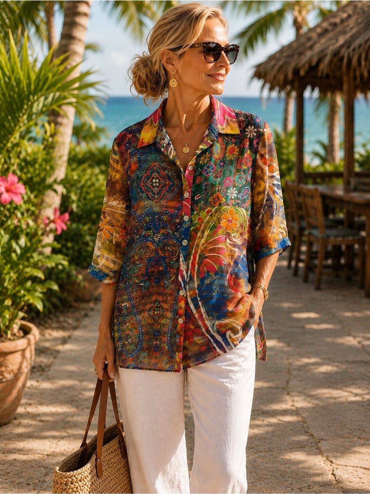 John Mark paisley floral tropical sheer button down blouse size XL
