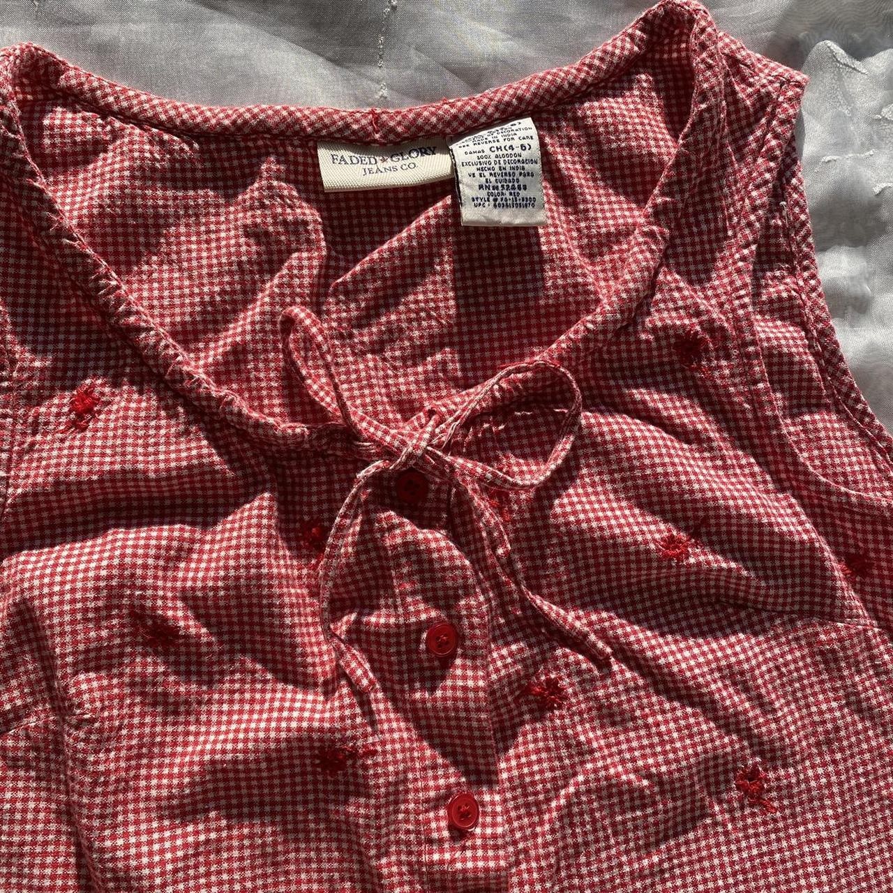 Vintage red and white gingham button up blouse with bow embroidered flowers