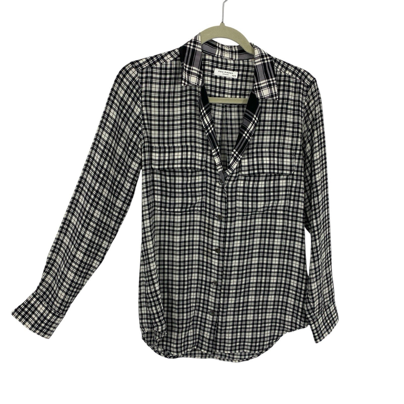 Equipment Button up Shirt Womens XS Silk Plaid Black Chiffon Blouse Long sleeve