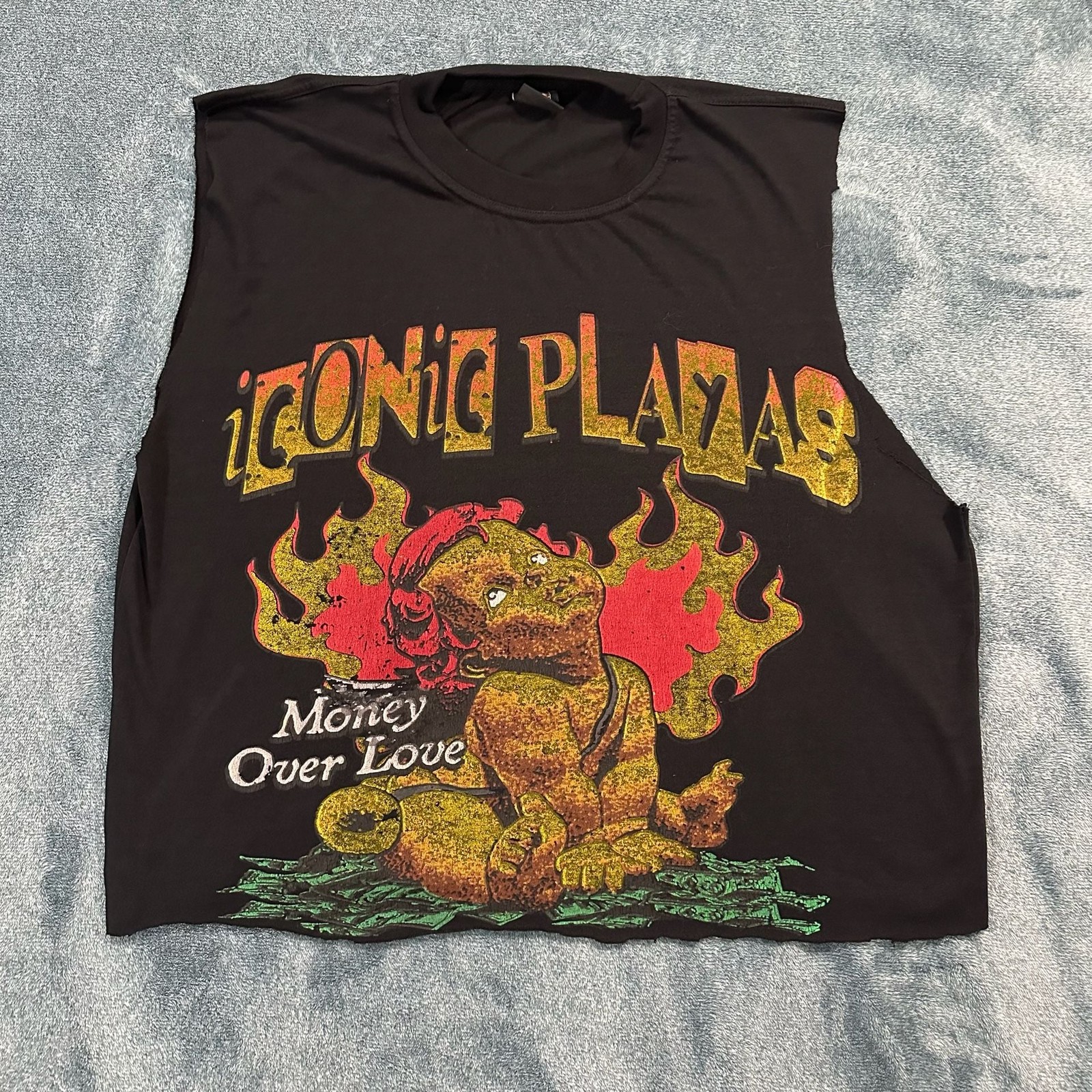 Iconic Playas “Money Over Love” Graphic Cutoff Tank Top Black Size Large