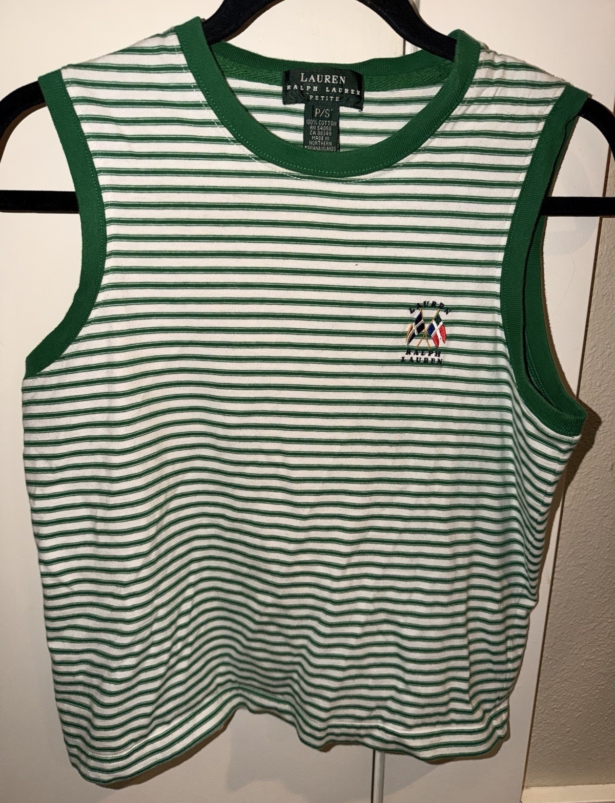 Lauren Ralph Lauren Women’s Petite P/S Green White Striped Crew Neck Tank Top