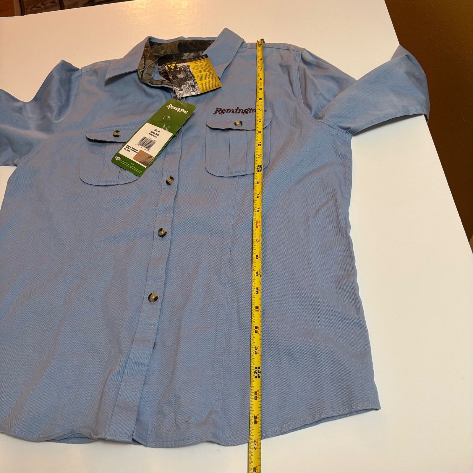 Remington Ladies Long Sleeve Button Down Blue Camo Trim M Discolored
