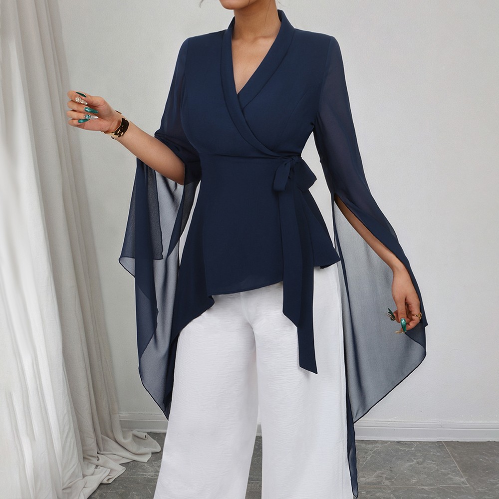 Women Chiffon Wrap V Neck Business Casual Shirt Office Asymmetrical Blouse Tops