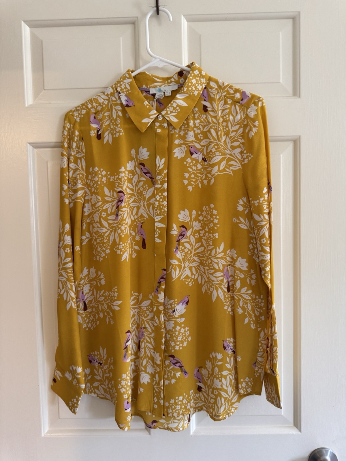 Boden Silk Shirt Sz US 10R in Yellow w/ Birds – NWT **READ**