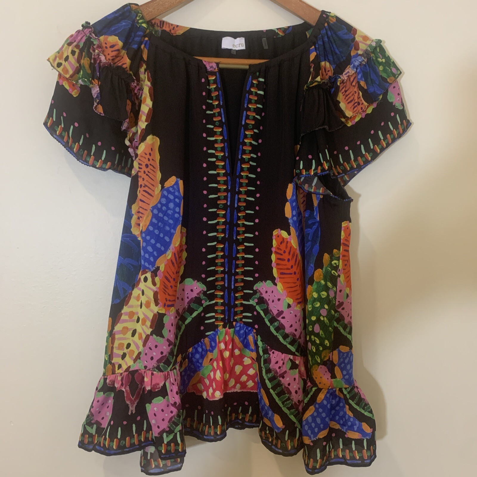 Ecru Womens Top Medium Black Tropical Flutter Sleeve Ruffle Beach Festival