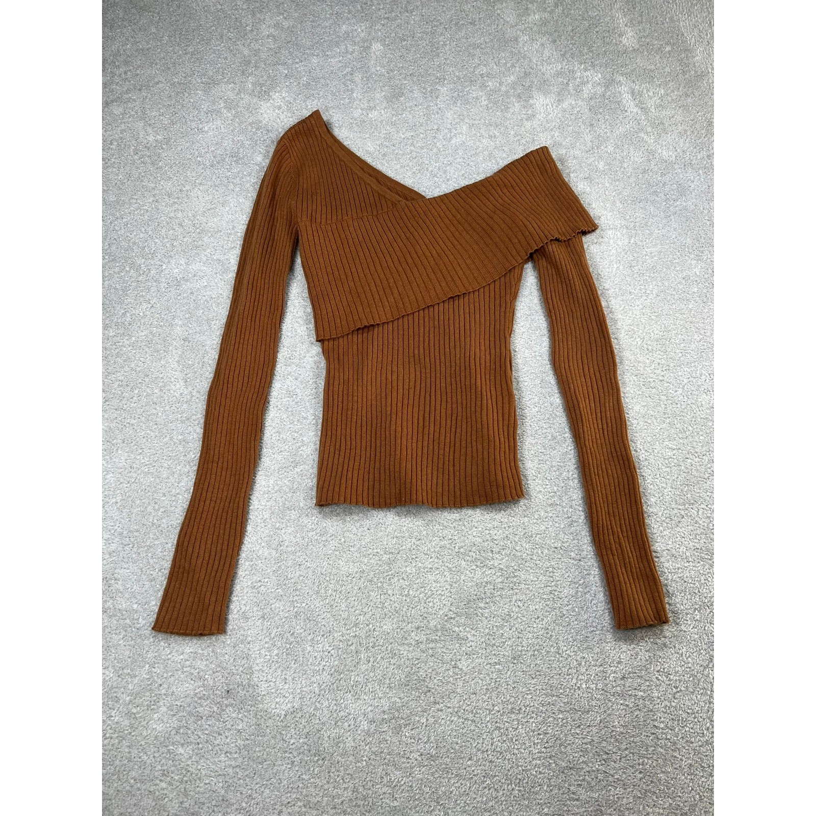 Lovers and Friends Revolve Camel Ribbed Asymmetric Off Shoulder Booker Sweater