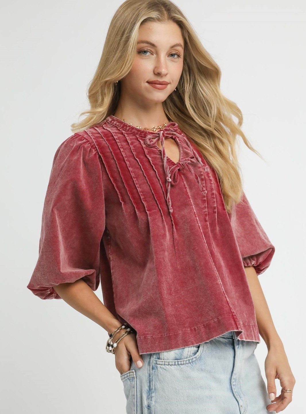 Umgee Tie-Neck 3/4 Sleeve Corduroy Top in Rosewood