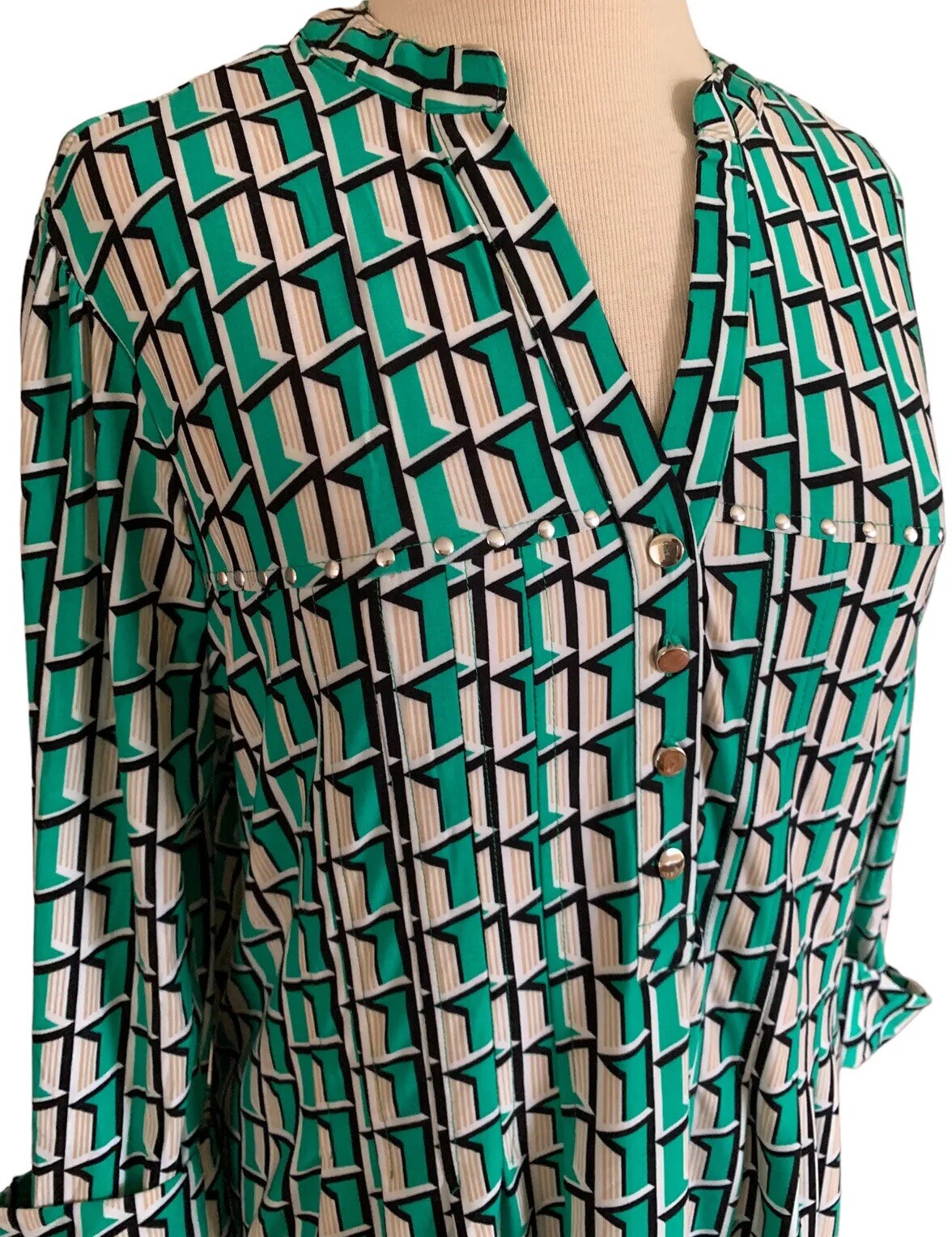 COCOMO 1X Green Yellow Plus Size 3/4 sleeve women’s Pintuck Blouse Tunic Shirt