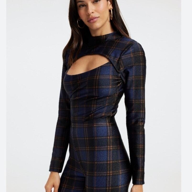 Good American Blue Plaid Top Mock Neck Cut Out Long Sleeve Stretch Sz 0 / XS