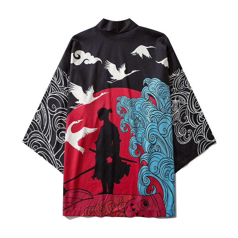 Niepce Streetwear Japanese Black Kimono Graphic Tee Samurai Short Sleeves Shirt