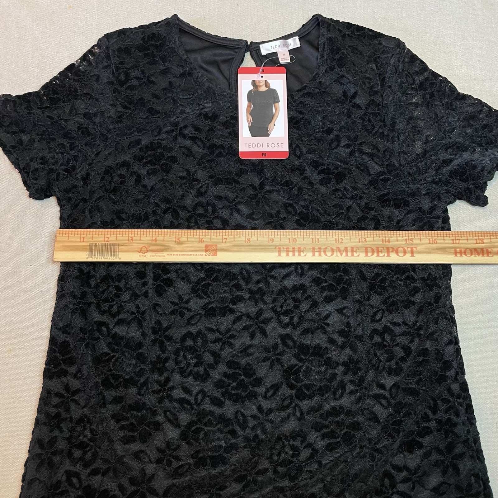 Teddi Rose Women Black Lace Velvet Burnout Top Shirt Short Sleeve Size Medium