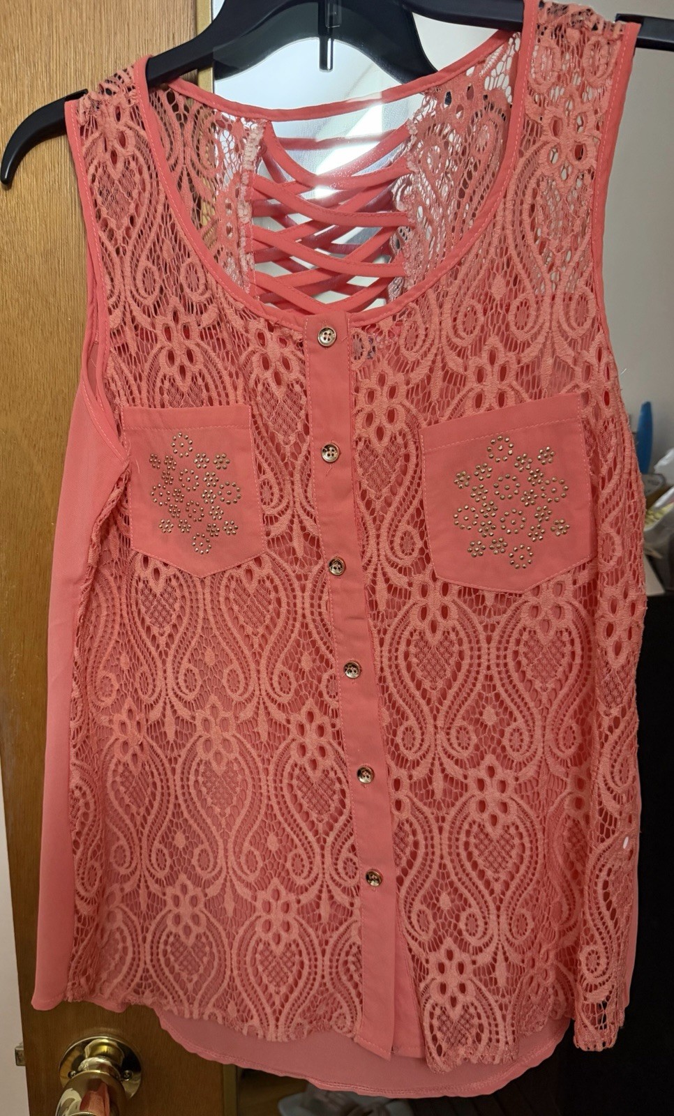 Pink Lace Sleeveless Scoop Neck Button-Front Blouse Tank Top, Size S