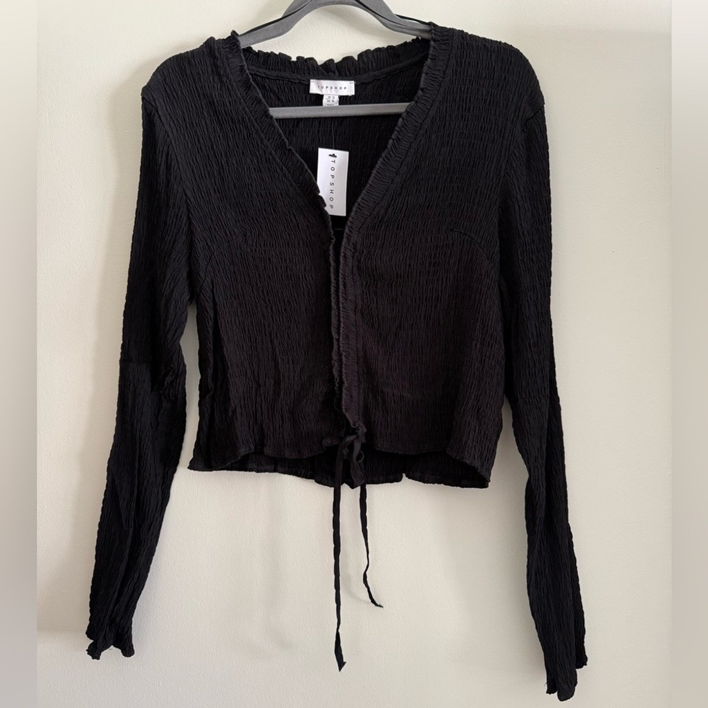 ✨NWT Topshop Black Ruched Long Sleeve Lace-Up Top V Neck Minimalist Going Out
