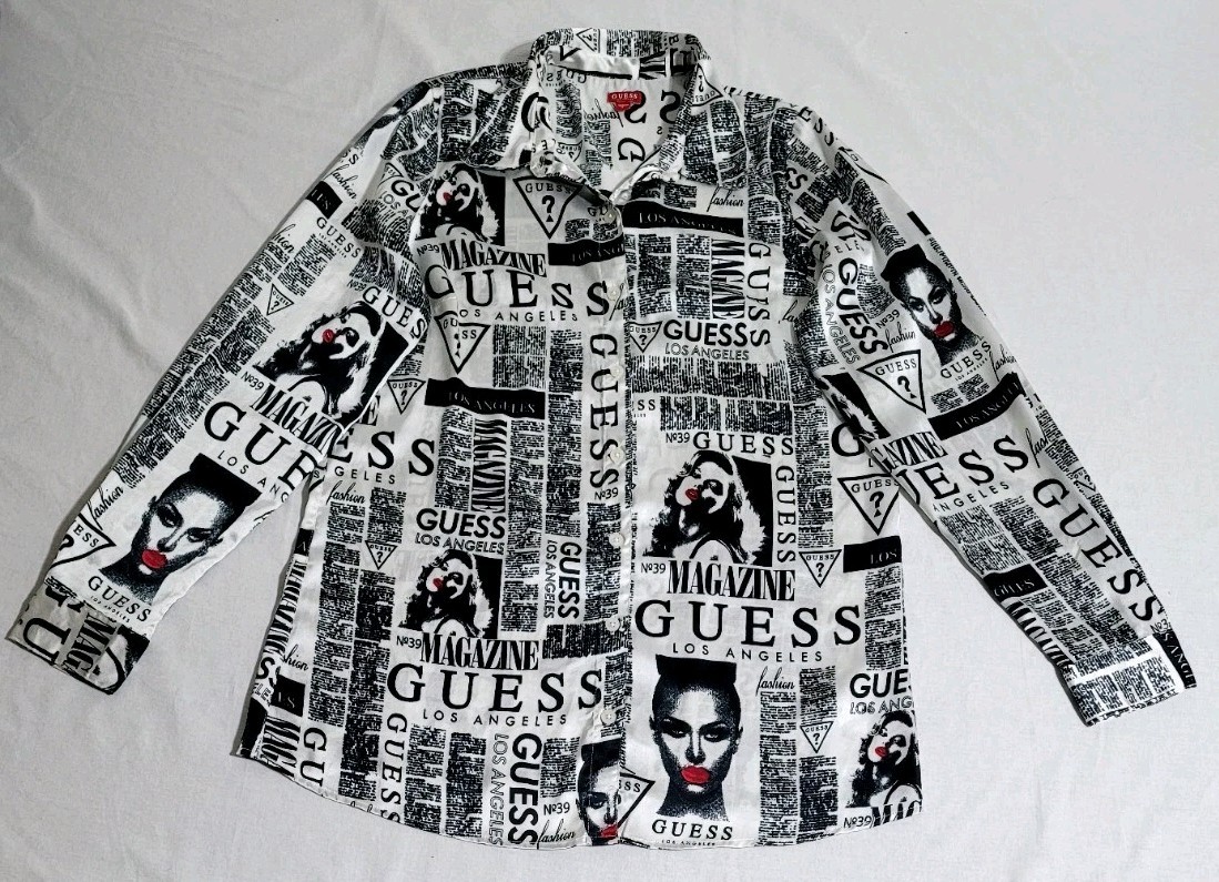 Guess Los Angeles Logo & Newsprint Graphics Women’s Size S Button Down Blouse