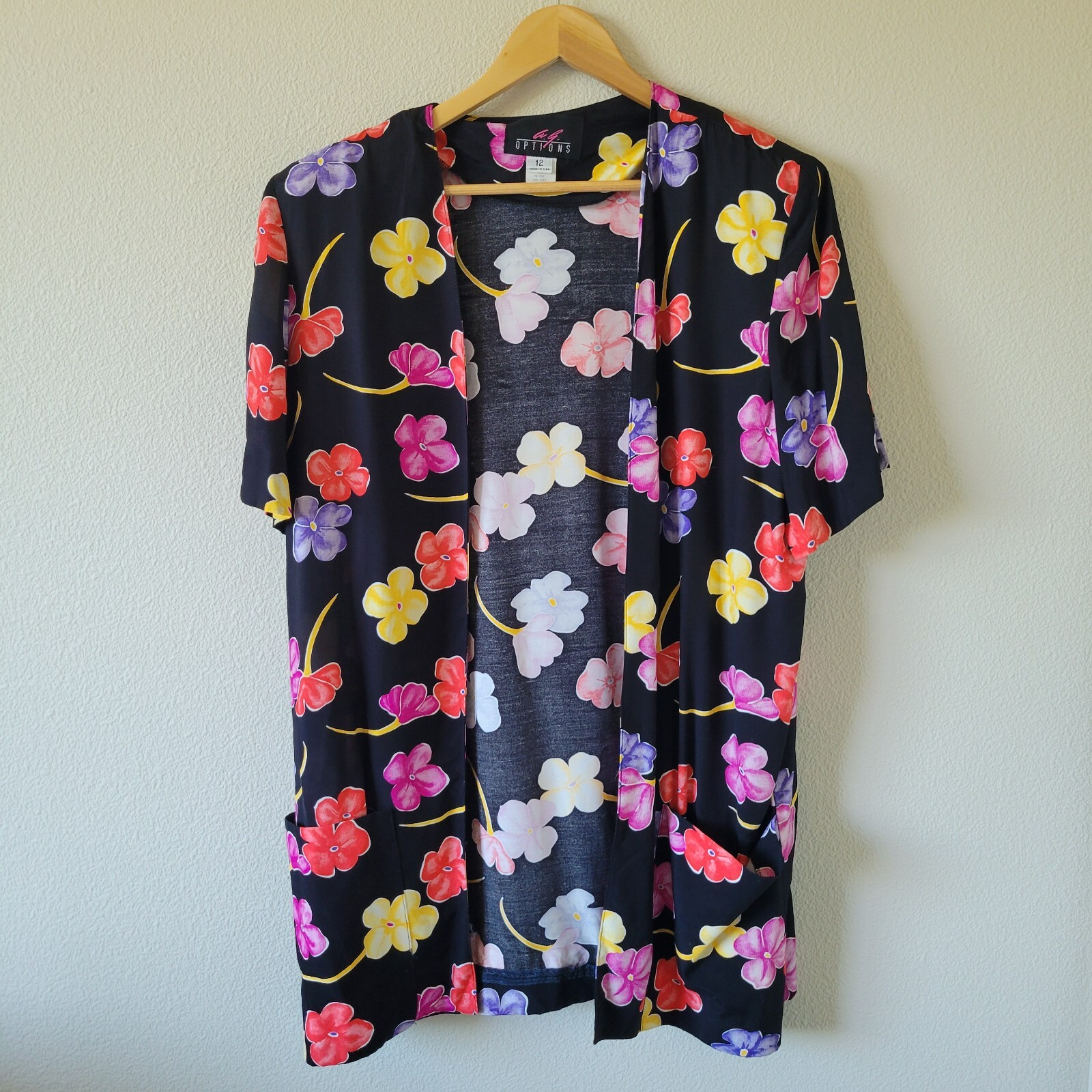 Vintage Black Open Front Floral Kimono Jacket Size 12 Longline Tropical Resort