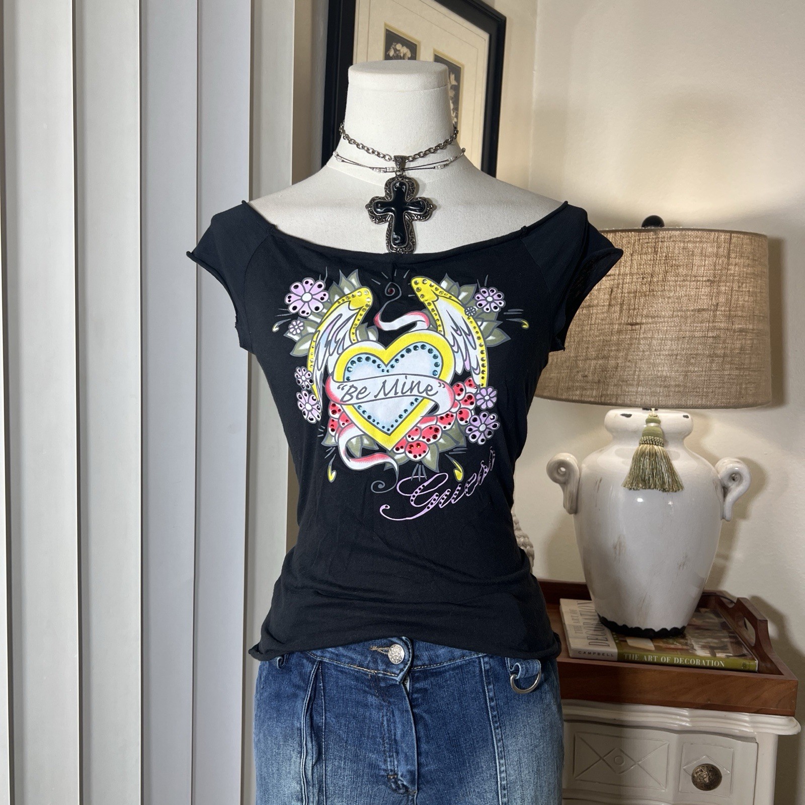 Guess Jeans Rhinestone Angel Wing Tattoo Style Off The Shoulder Grunge Tee