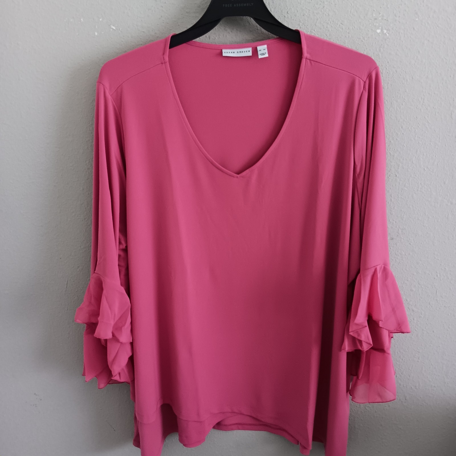 Susan Graver Regular Liquid Knit Tunic Woven Ruffle Sleeves, Pink Sz 4X a685133