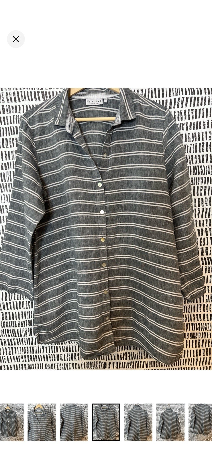 Habitat Gray White Striped Button-Up Collared 3/4 Sleeve Cotton Woven Top L