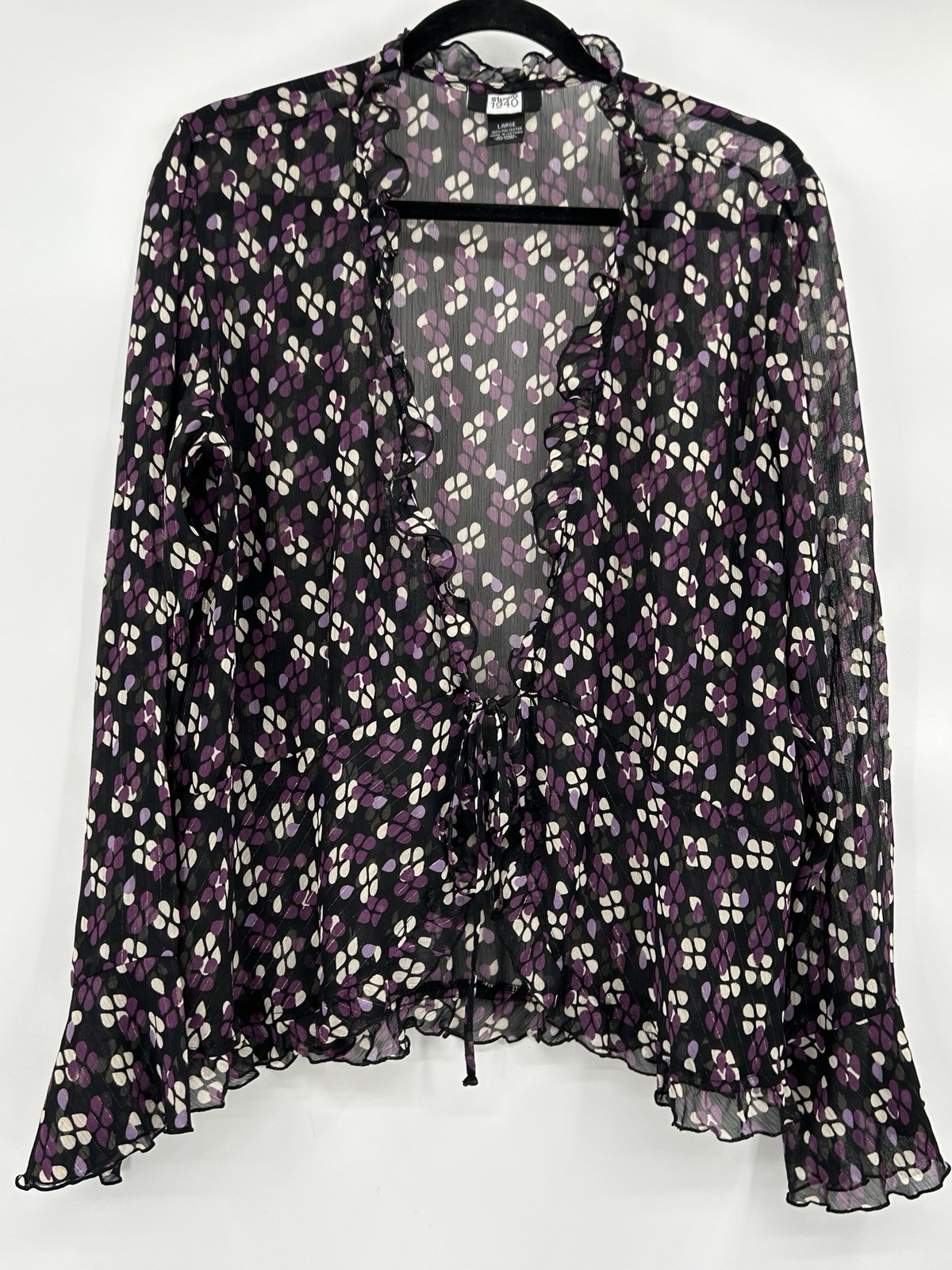Vintage Y2K Studio 1940 Sheer Whimsigoth Ruffle Tie Front Top Sz L Fairy Flowy