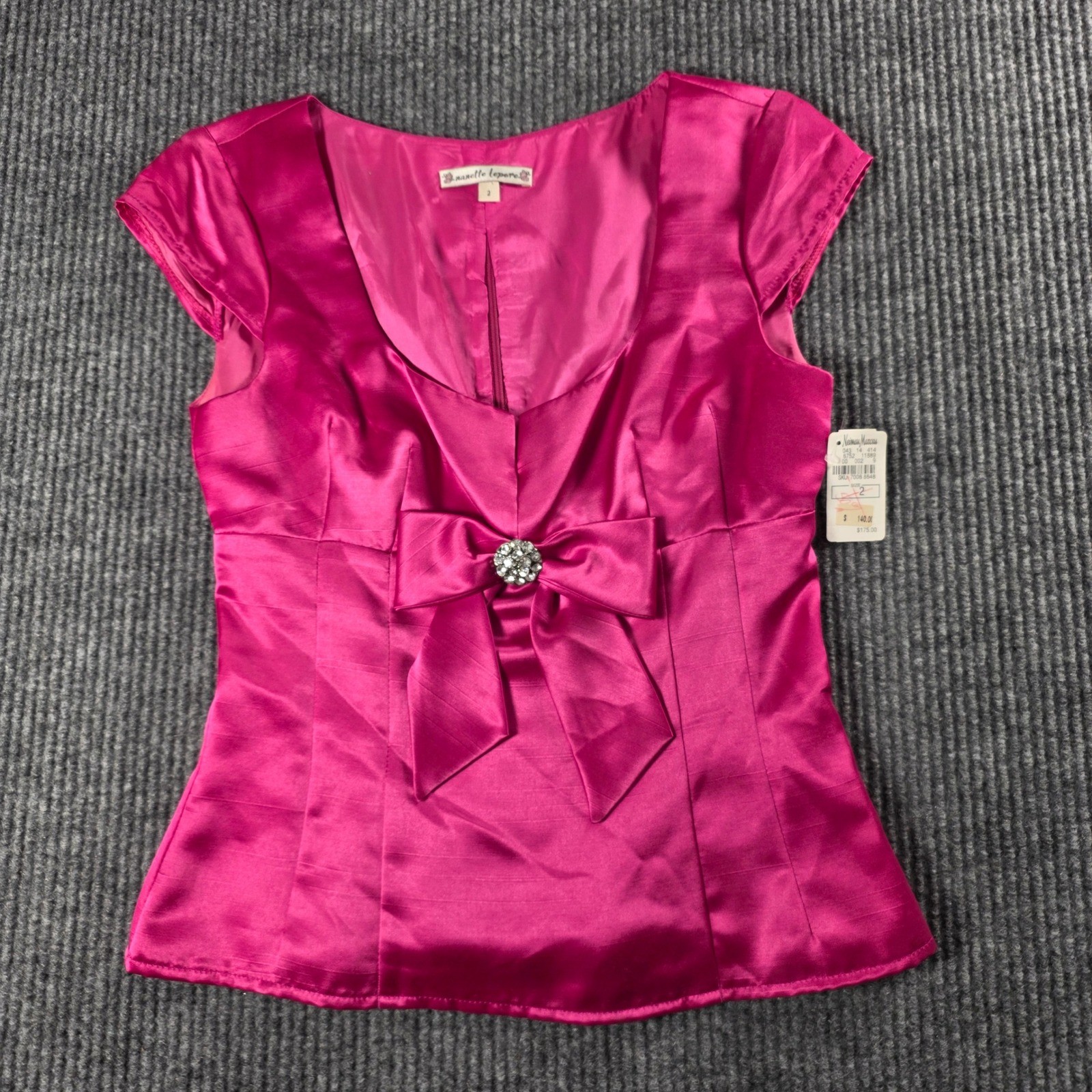 Nanette Lepore Pink Satin Bow Rhinestone Brooch Top Cap Sleeve Size 2 NWT