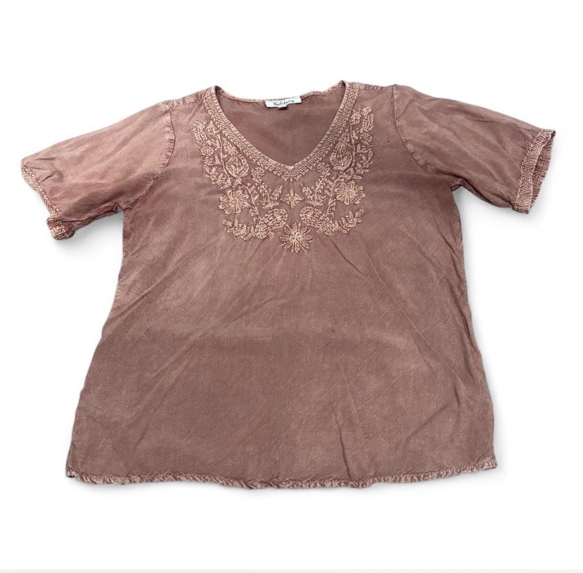Womens Solitaire Rusty Orange Vneck Tshirt With Embroidery Details