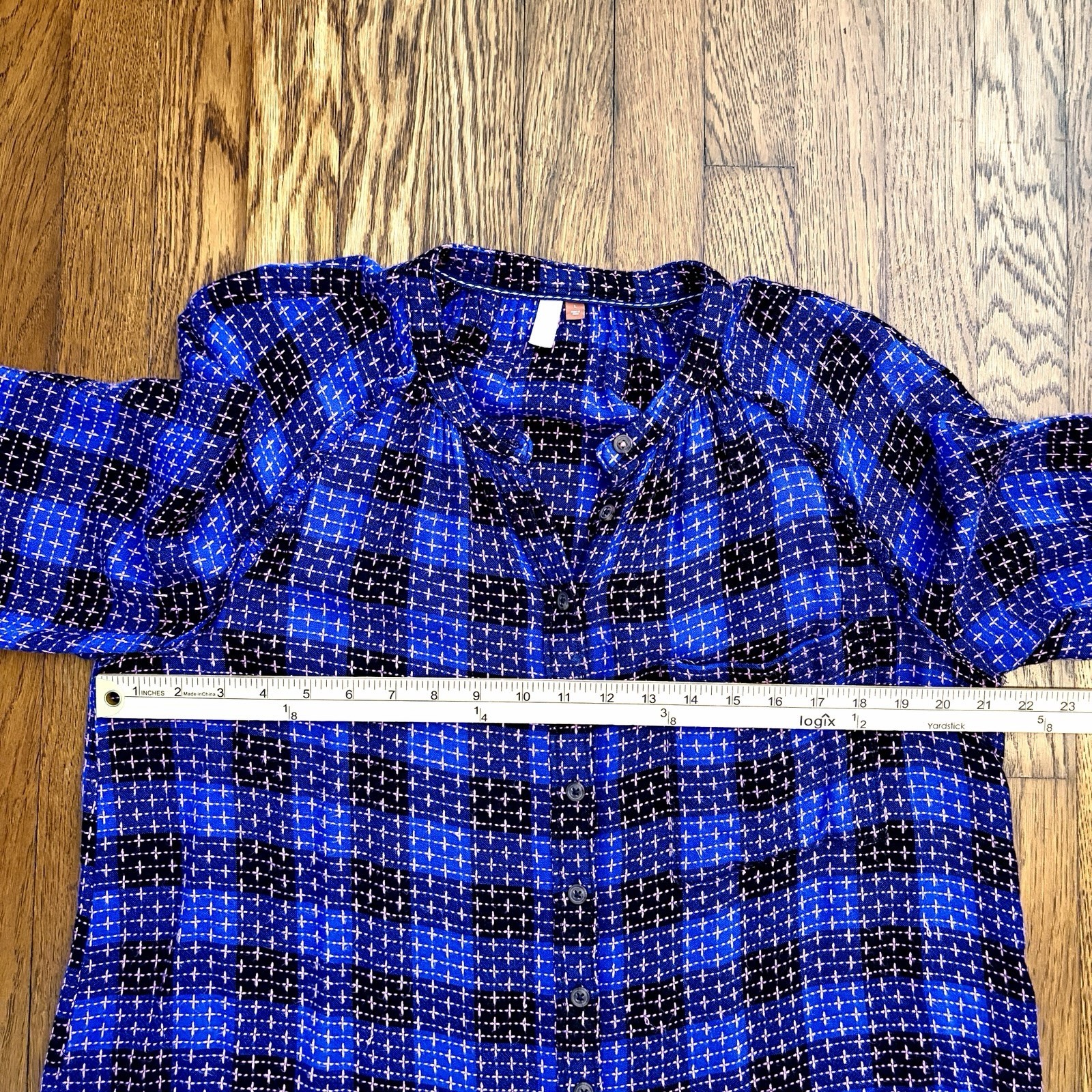 Anthropologie Pilcro Breezy Black Blue Pink Plaid Top SZ L Wool Viscose
