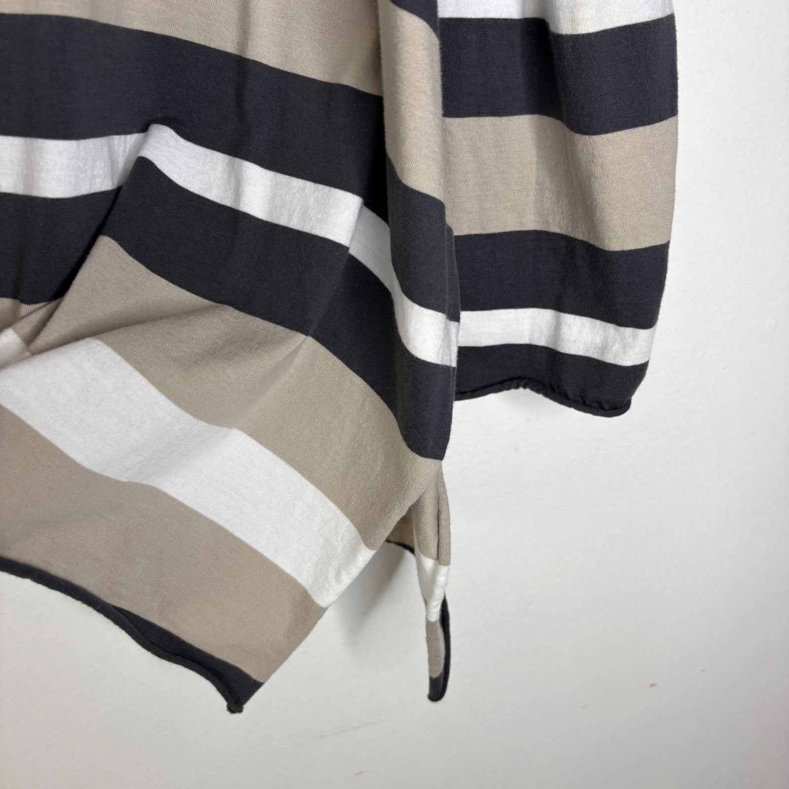 Planet One Size 100% Pima Cotton Striped V-Neck Tunic Top Beige Black Peru