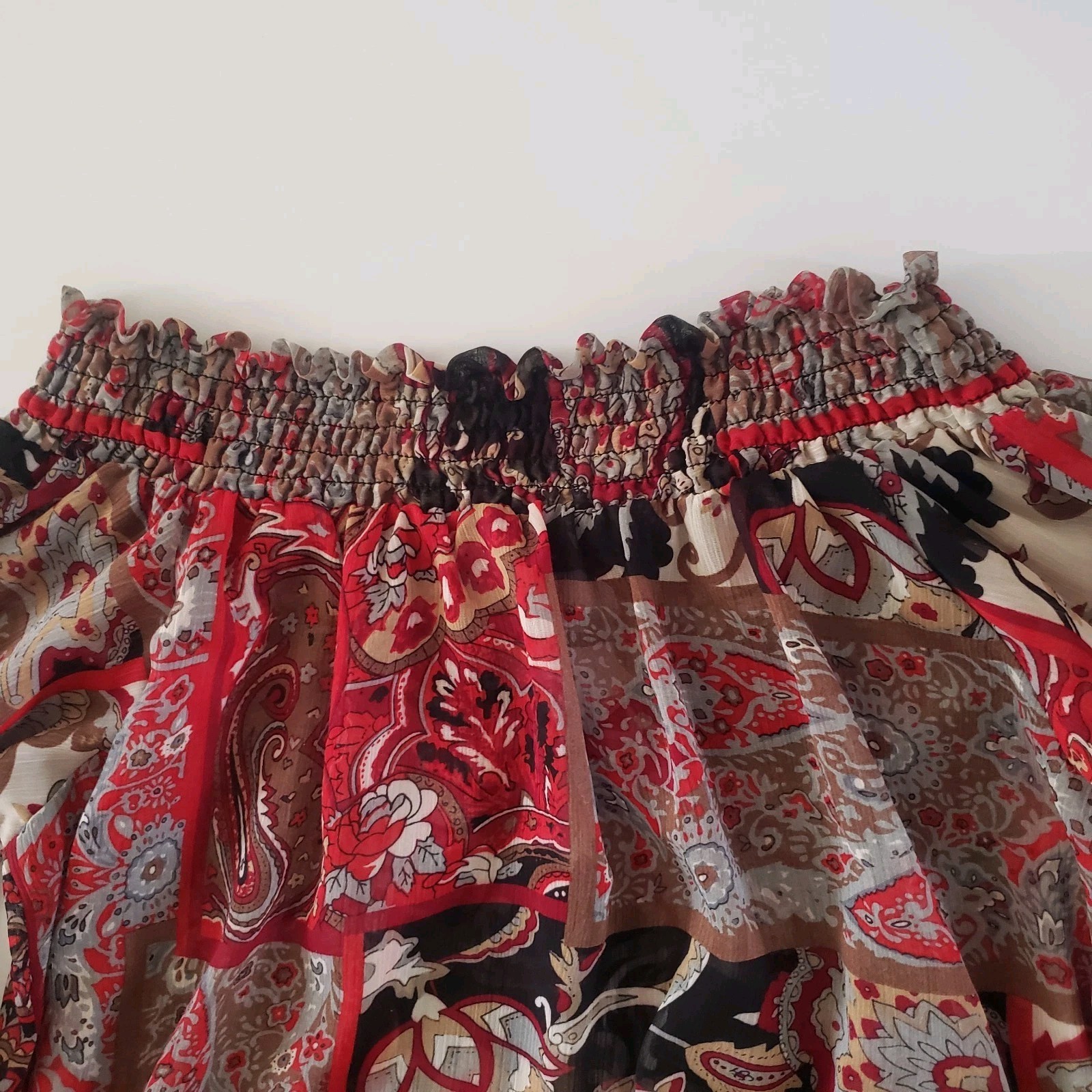 Max Bohemian Off-the-Shoulder Red Black Gray Paisley Sheer Women Blouse XS #12PJ
