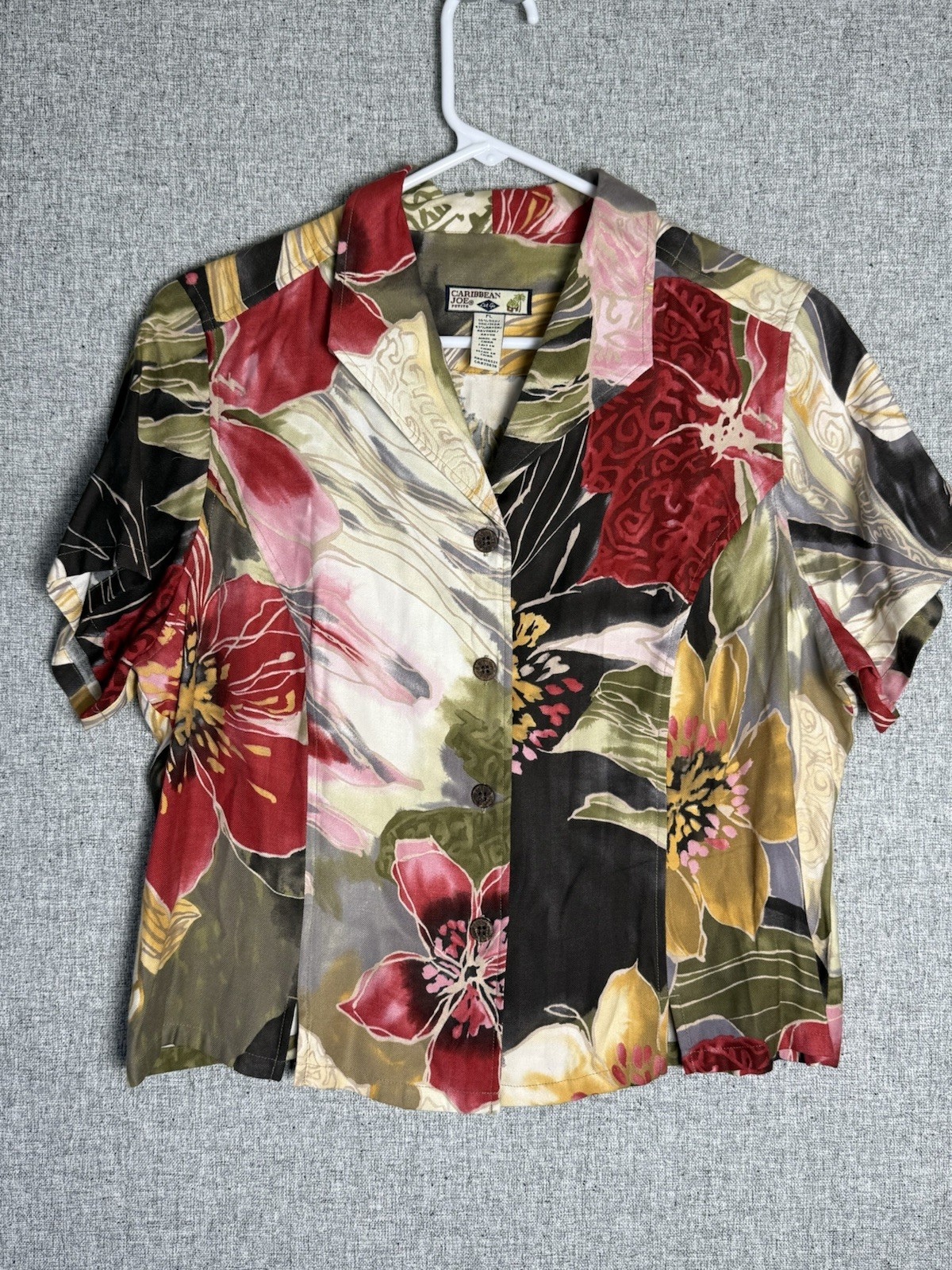 Y2K Caribbean Joe Aloha Hawaiian Shirt Red Green Floral Button Up Silk MED/LG P