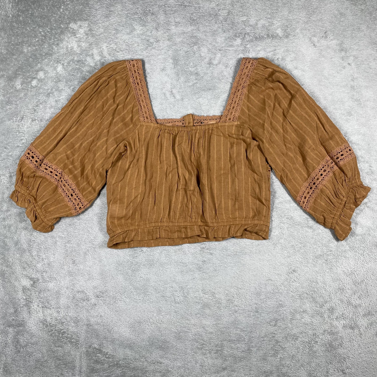 American Eagle Shirt Womens Large Brown Boho Peasant Lace Eyelet Top Blouse