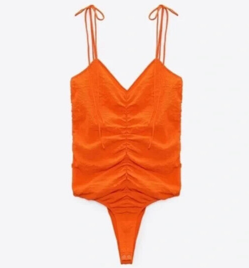 Zara Women’s Orange Bodysuit Size Medium Tie Shoulder Ruched Front Crinkle Nwt
