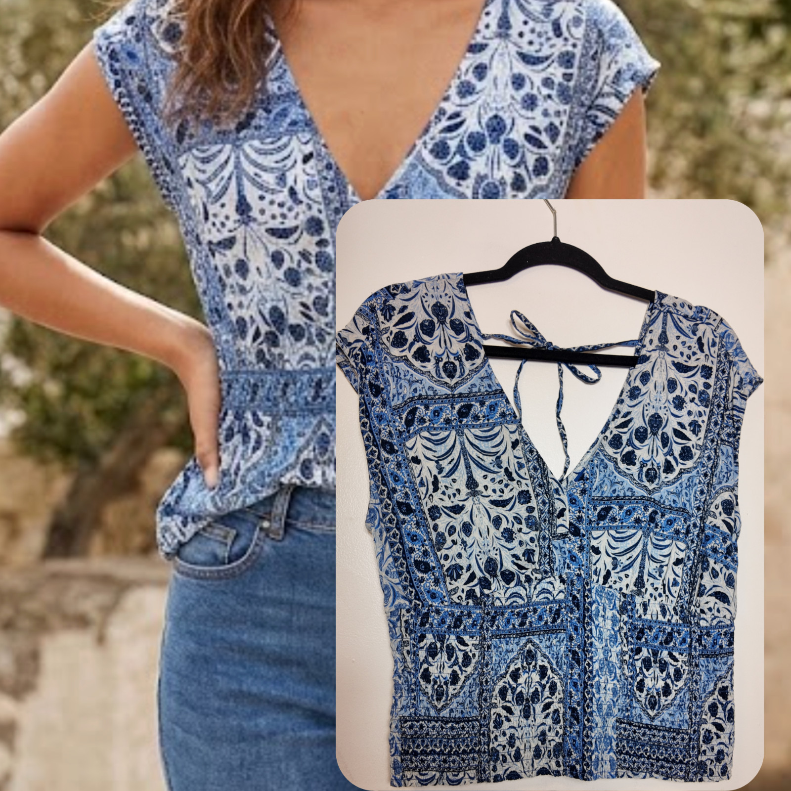 Old Navy Blue Paisley Smocked Waist Tie-Back Top — Women’s Large