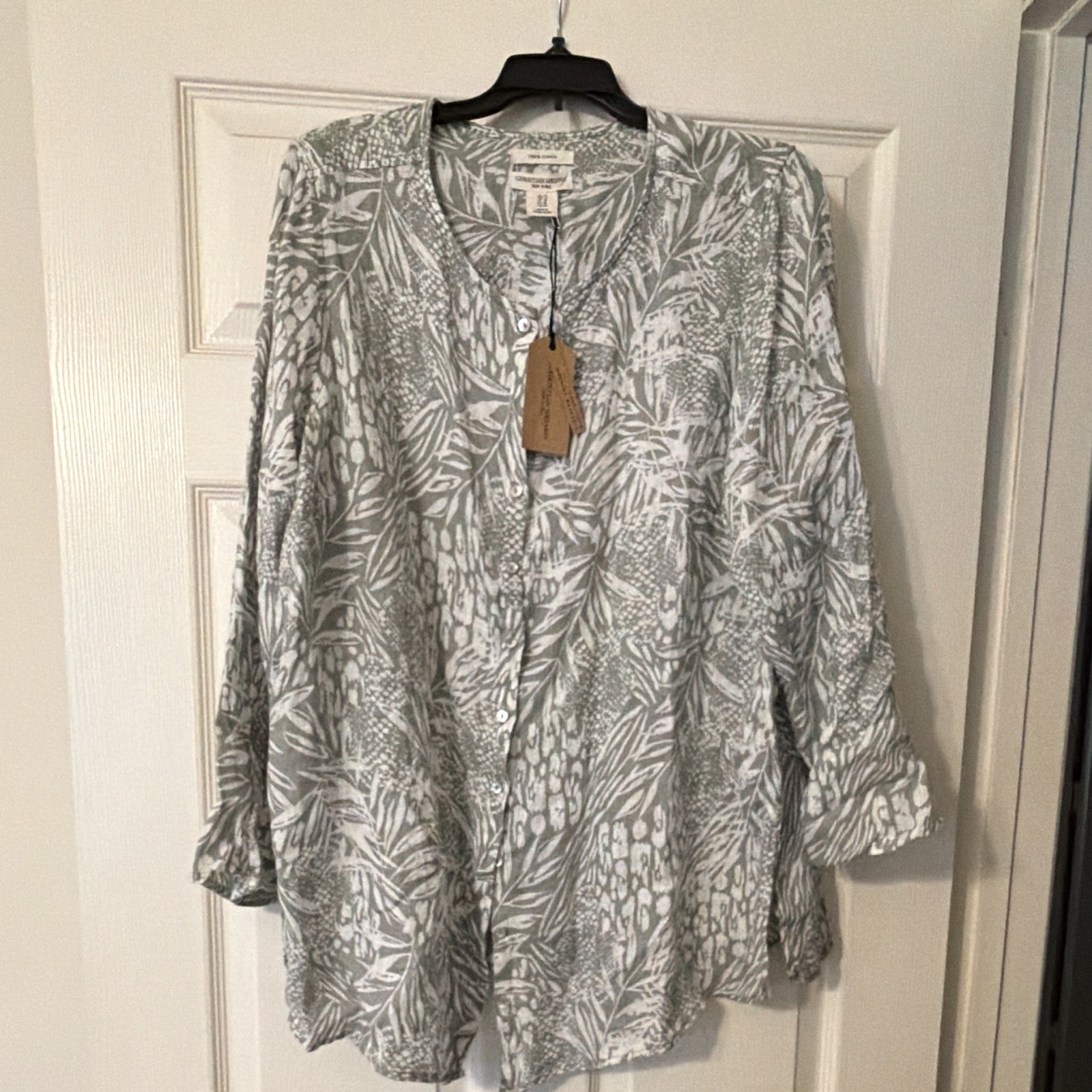 Christian Siriano 100% Linen Gray/White Floral 3/4 Sleeve Button Blouse 1X
