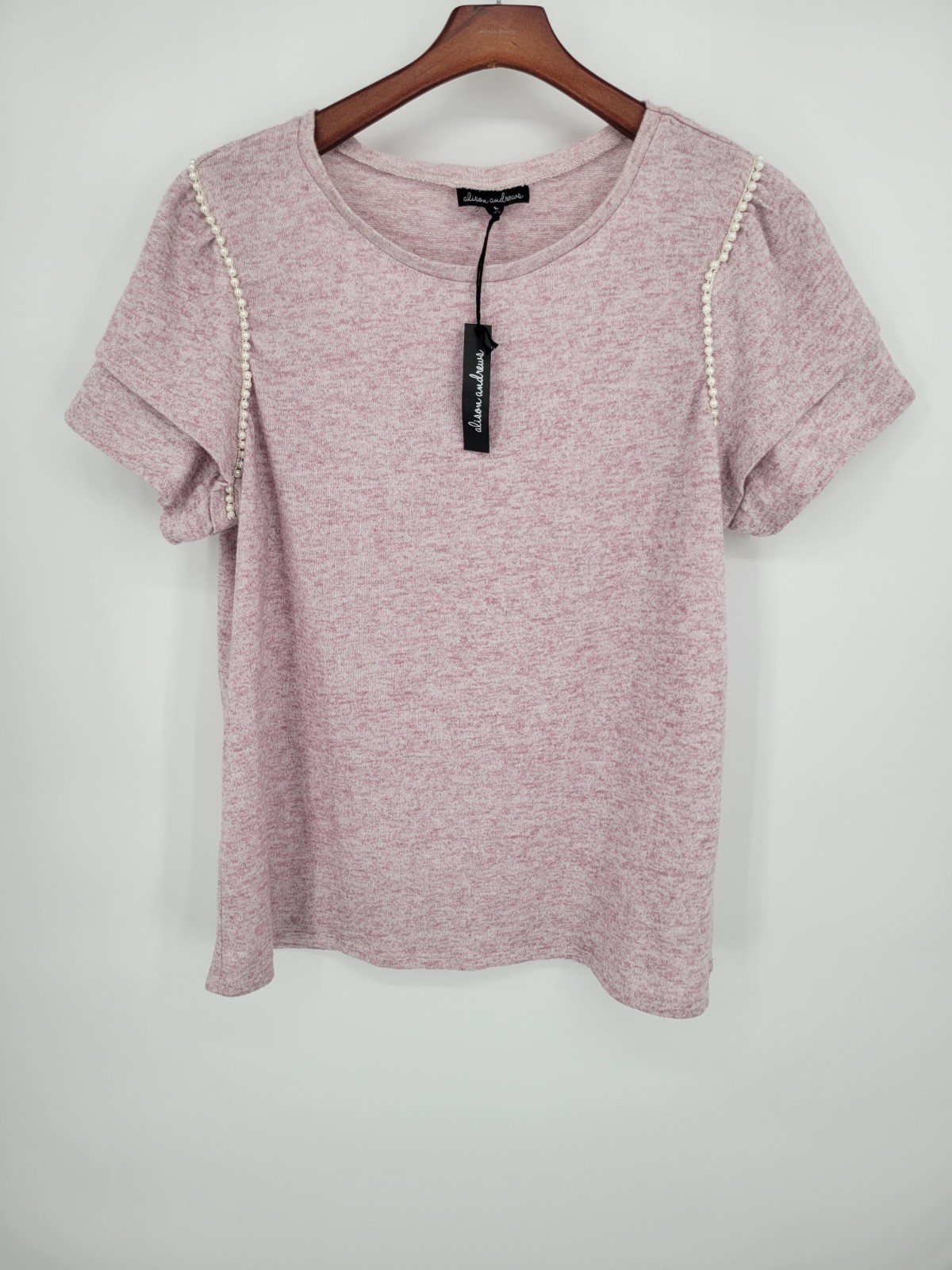 Allison Andrews NWT Women’s Large Pink Pearl Trim Knit Top Short Sleeve Blouse