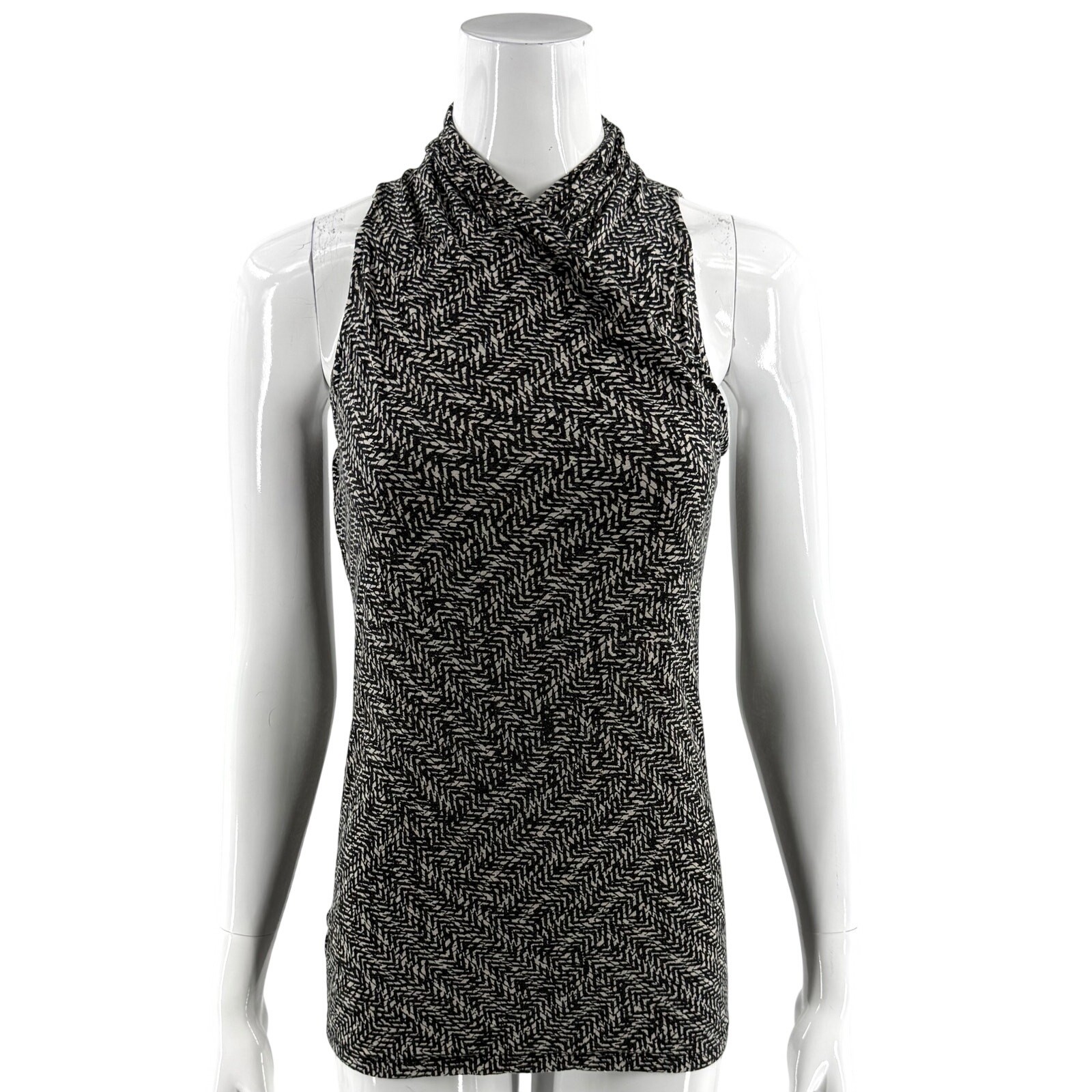 Ann Taylor Womens Top Size Small Black Tan Crossover High Neck Herringbone Print