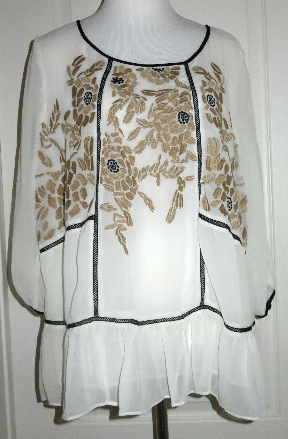 V CRISTINA Ivory White Lace Chiffon Embroidered Blouse Top Size Large NEW