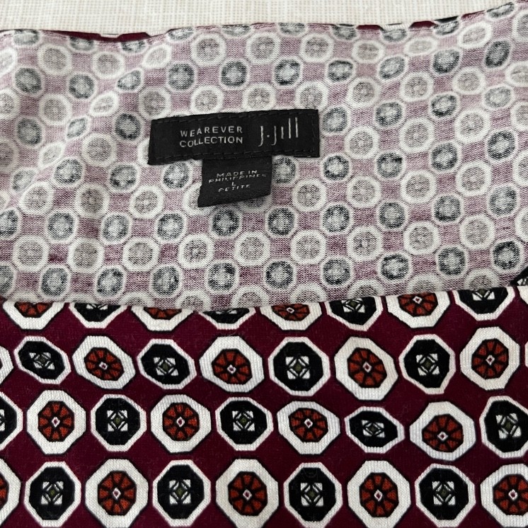 Womens J. Jill Wearever Large Petite Geometric Print Pull on Top Maroon Navy