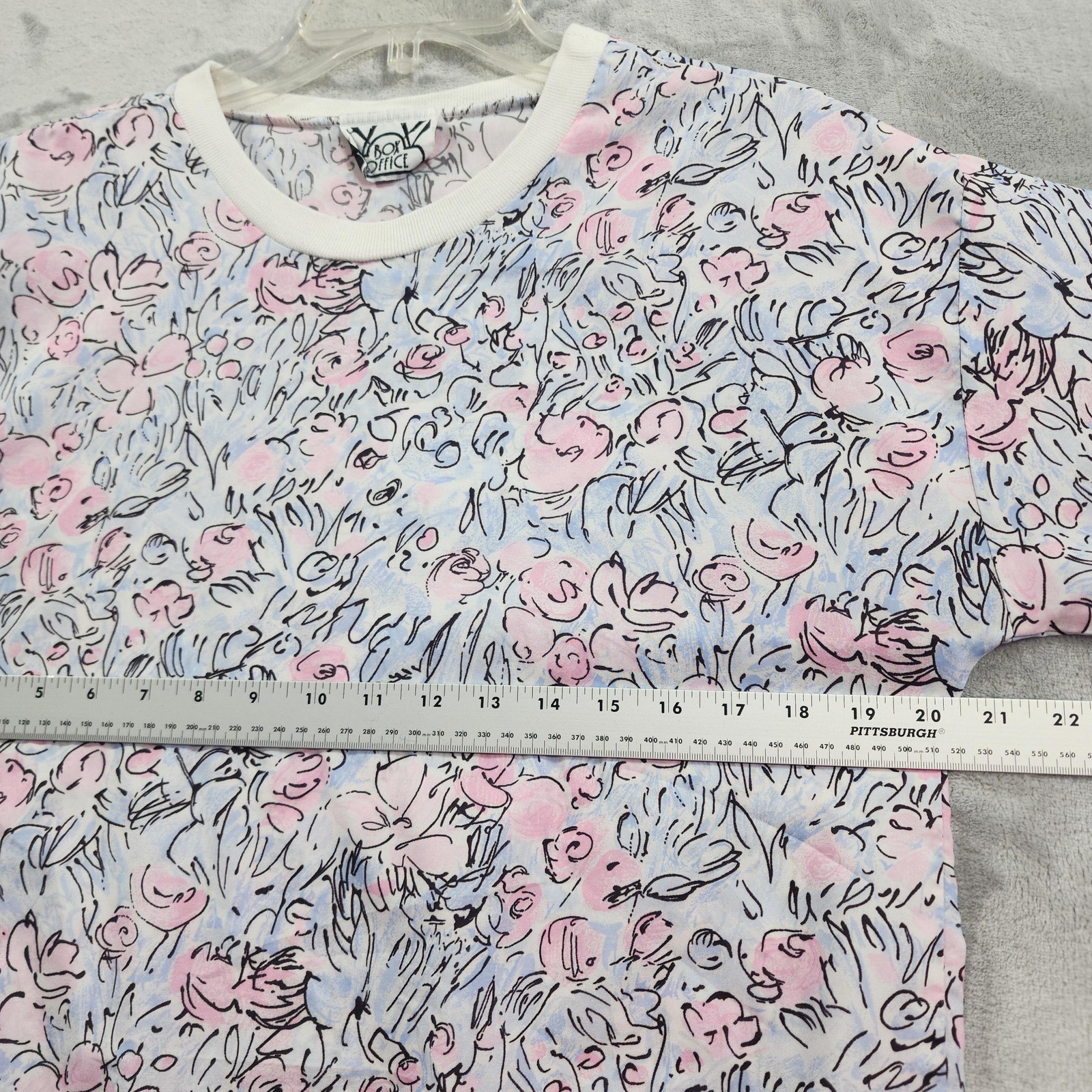 Vintage Box Office Top Womens L Pink Blue Floral Short Sleeve Crew Neck Pullover