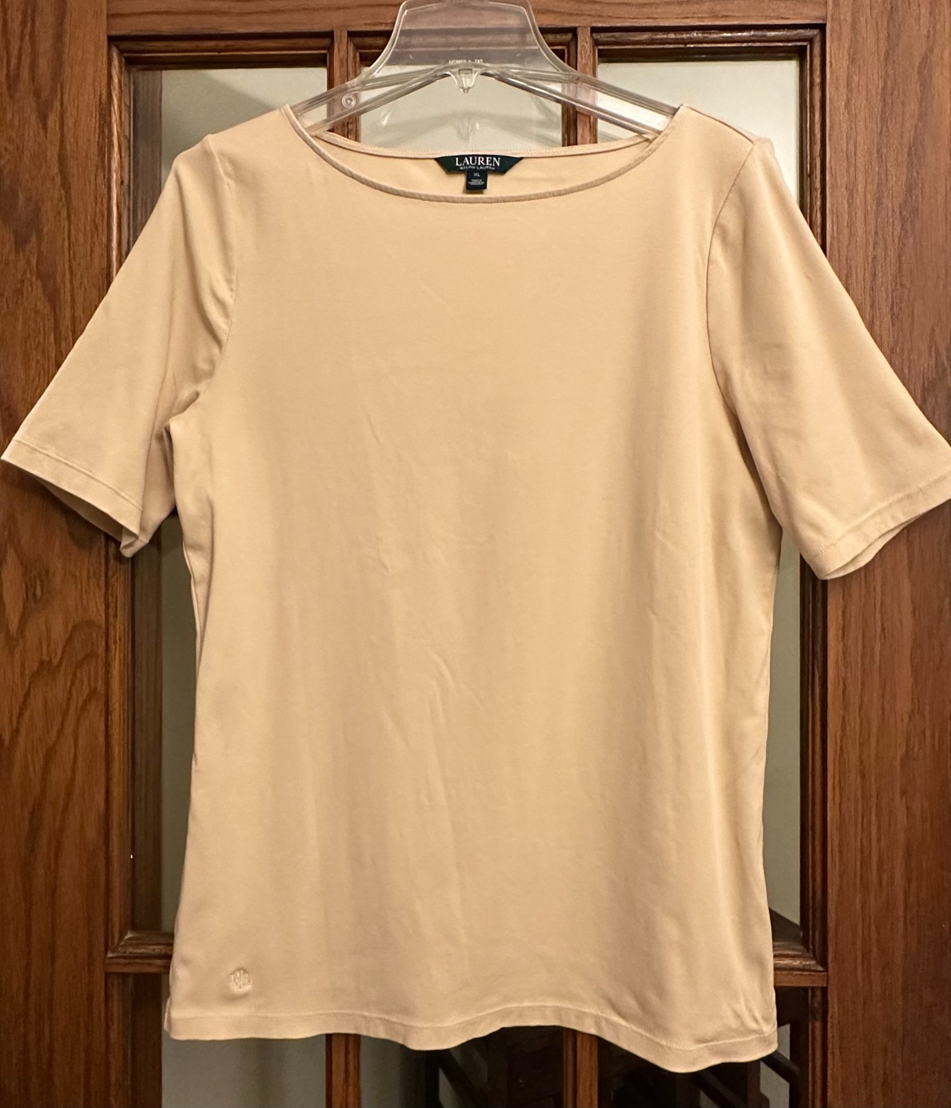 Lauren Ralph Lauren Tan Stretch Cotton Tee T-Shirt Top Elbow-Length Sleeve L XL