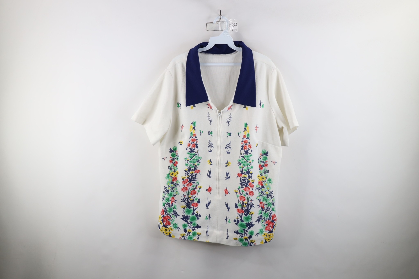 Vtg 70s Mid Century Modern MCM Womens 3XL Flower Knit Collared Zip Polo Shirt