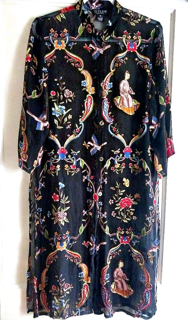 Vintage Citron Santa Monica Silk Black Multicolor Asian Motif Kimono Duster M
